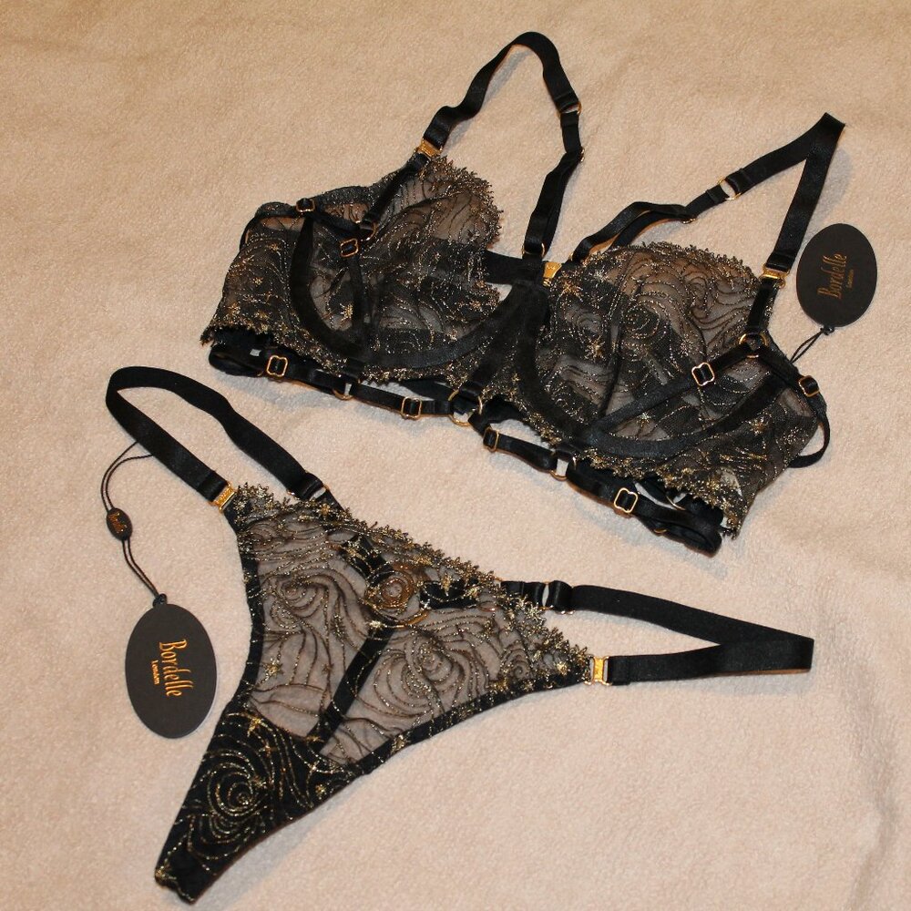 SOLD - SET Bordelle Selene Bodice Bra Strap Thong black gold star embroidery Med